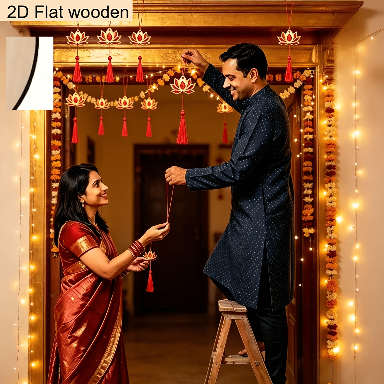 10pcs Wooden Lotus Pendant Set, Diwali Decoration
